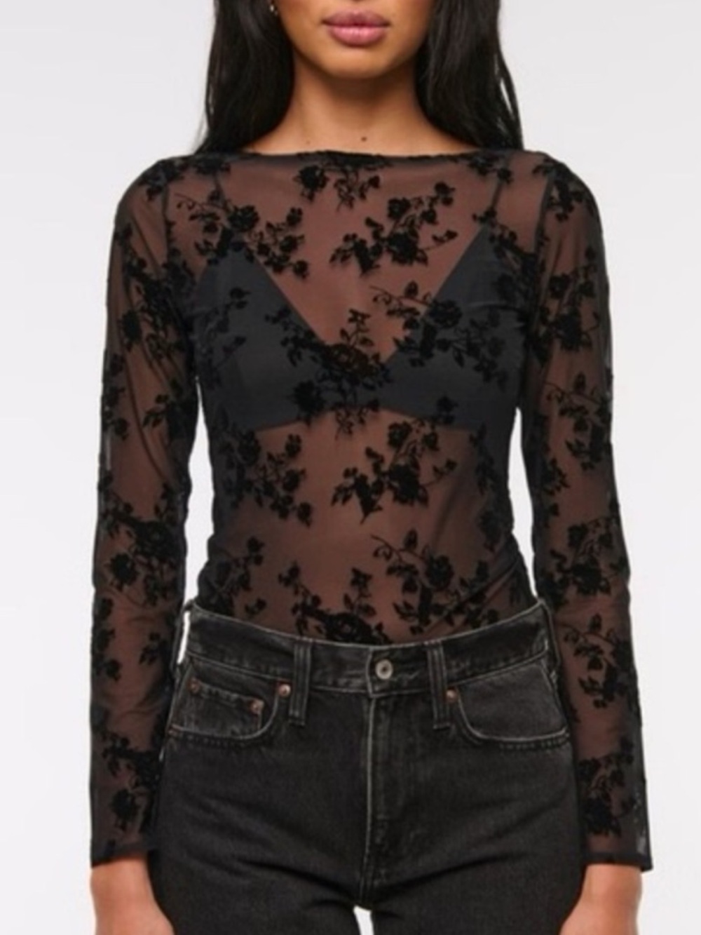 Abercrombie & Fitch Long-Sleeve Lace Floral Sheer Top in black W2370 Sz S